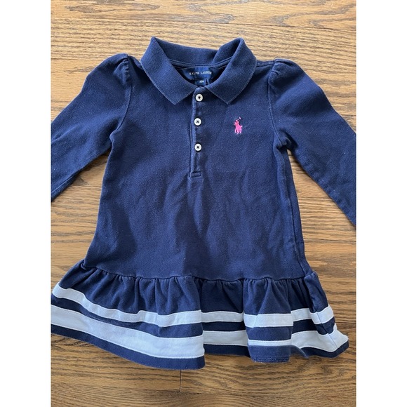 Ralph Lauren Navy Polo Dress Long Sleeve Ruffled Hem Toddler Size 18M Pink Pony - Picture 2 of 5